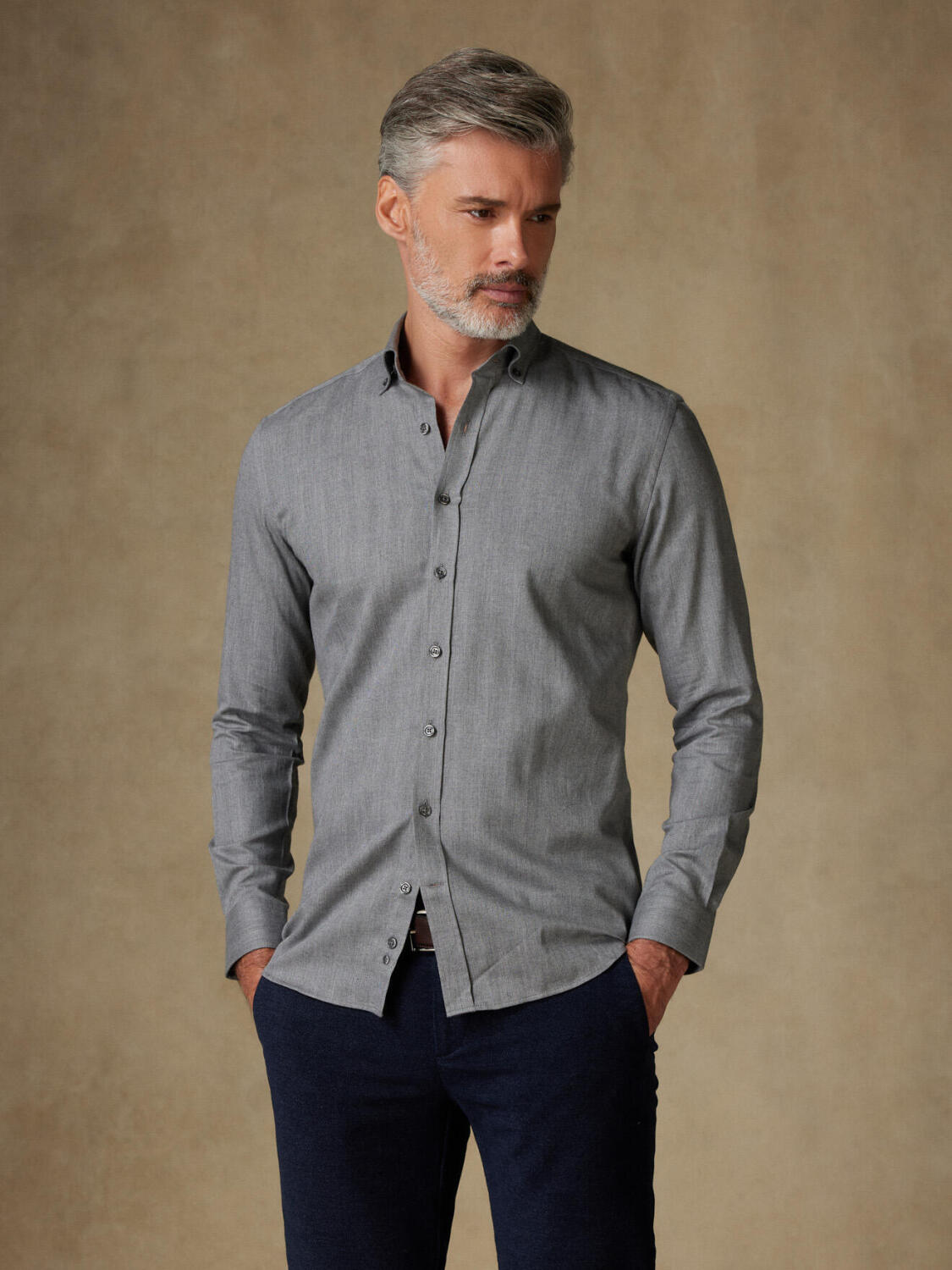 Chemise cintrée Hall en flanelle anthracite - Col Boutonné