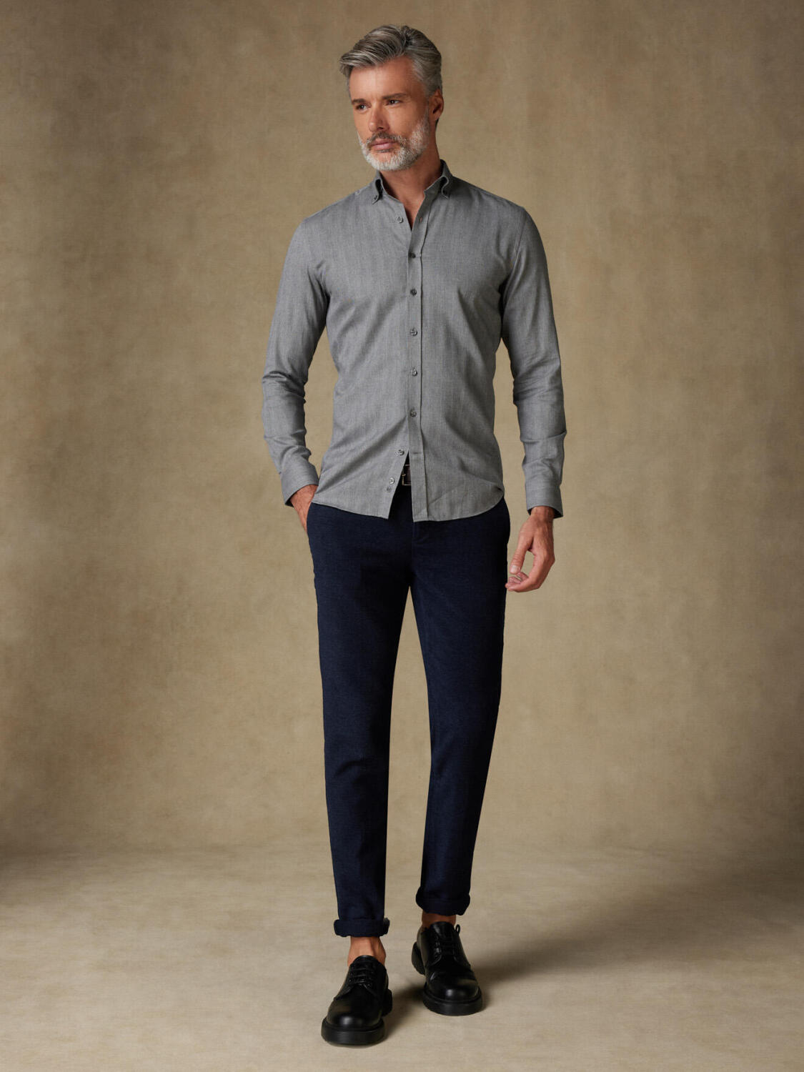 Chemise cintrée Hall en flanelle anthracite - Col Boutonné