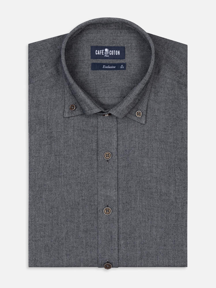 Chemise cintrée Hall en flanelle anthracite - Col Boutonné