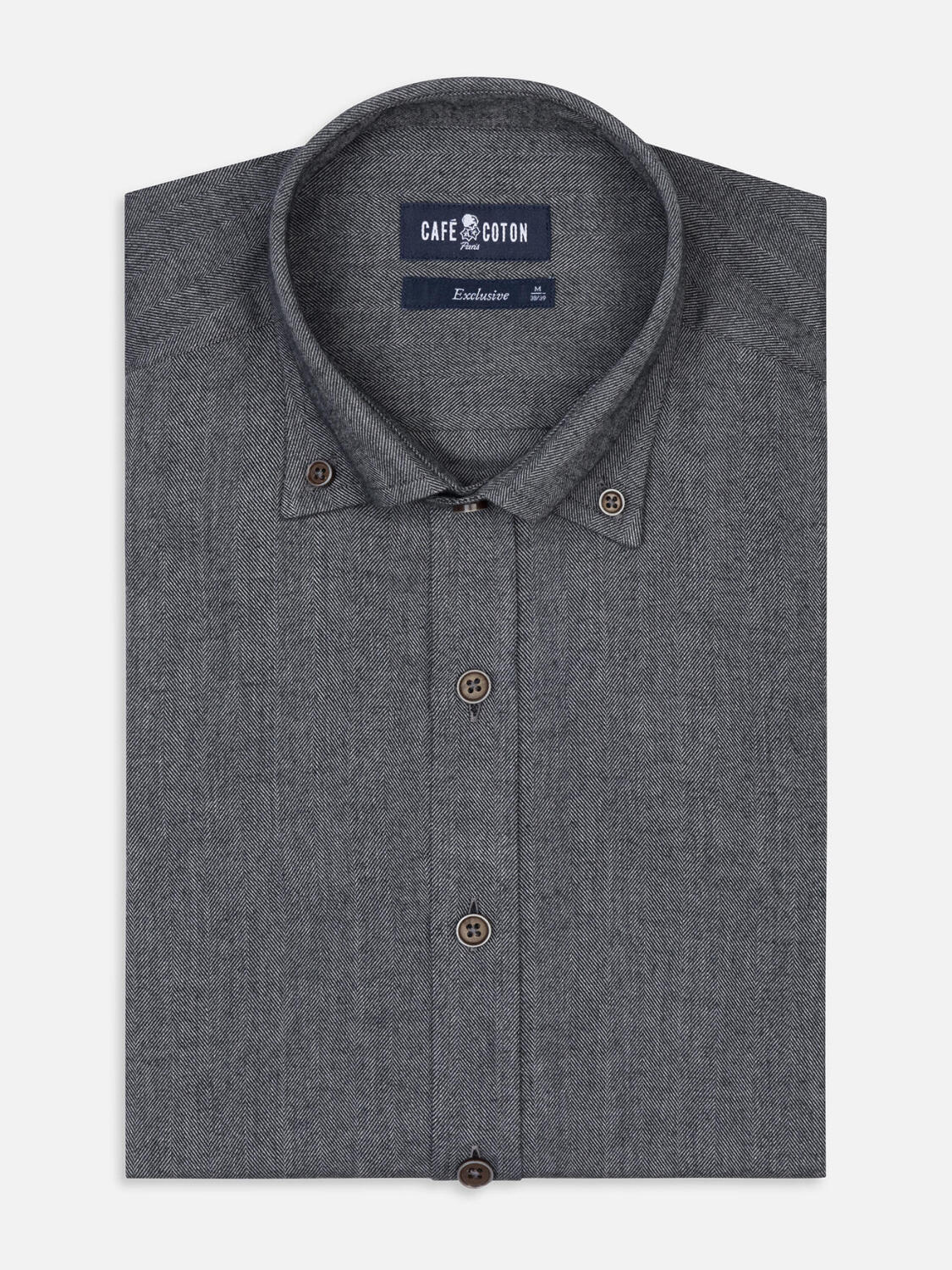 Chemise cintrée Hall en flanelle anthracite - Col Boutonné