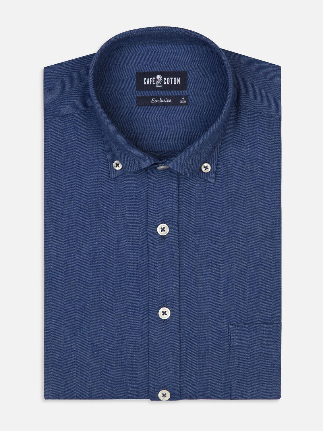 Chemise cintr&eacute;e Hall indigo en flanelle - Col Boutonn&eacute;