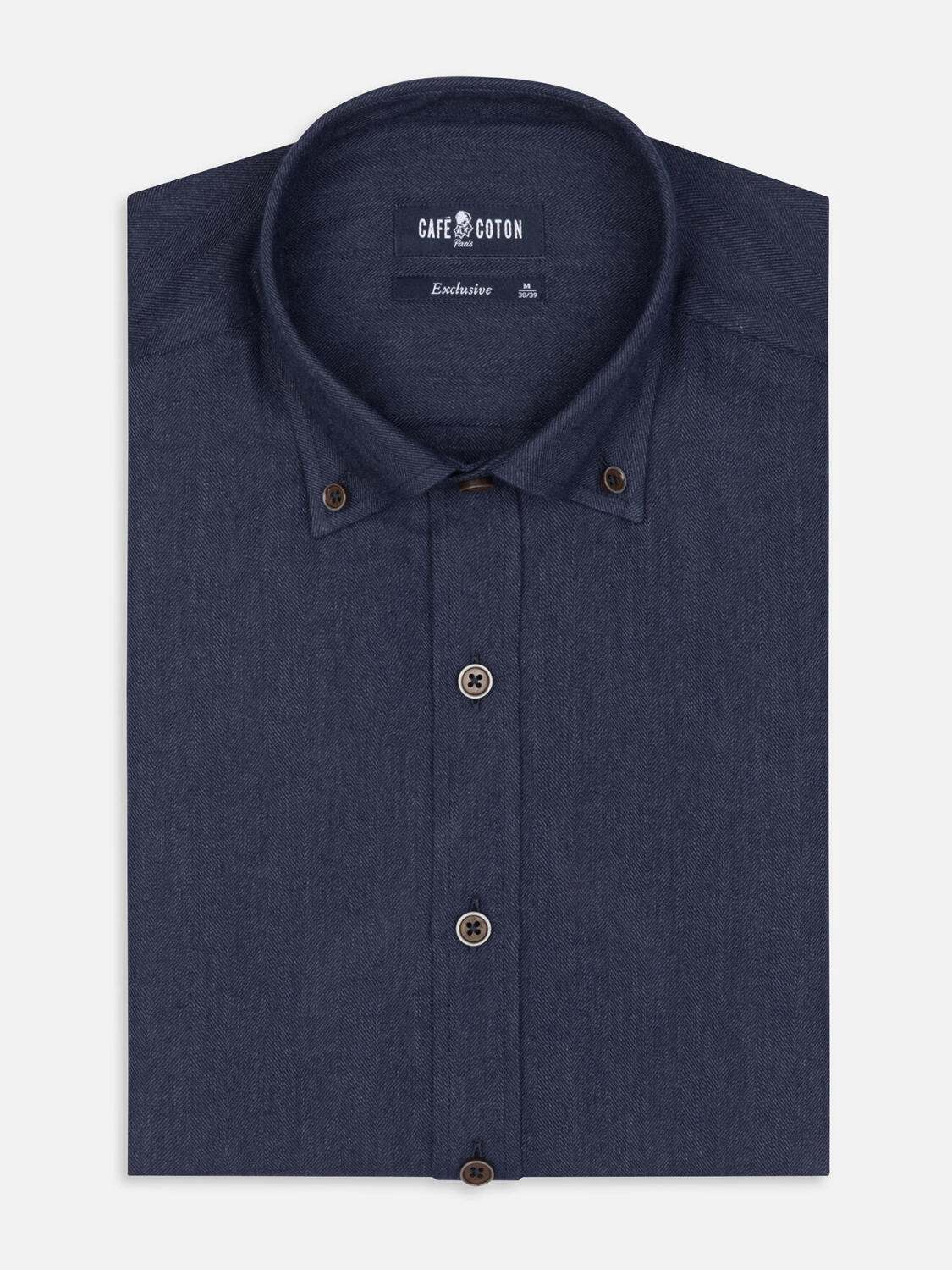 Chemise cintrée Hall en flanelle marine - Col Boutonné