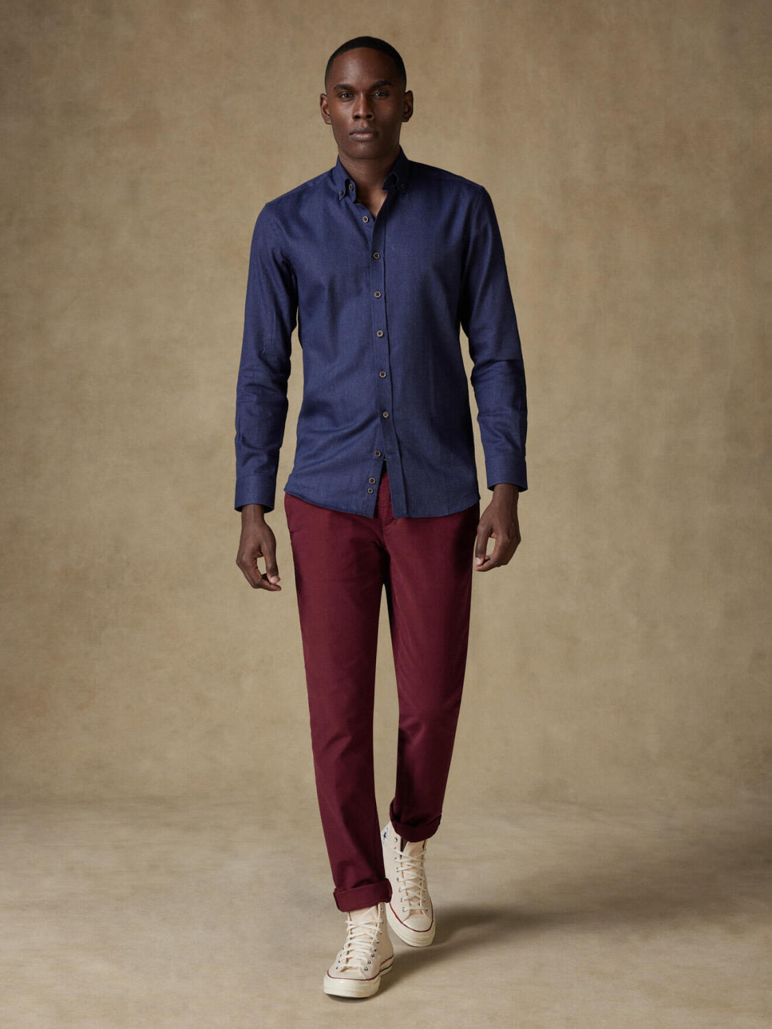 Chemise cintrée Hall en flanelle marine - Col Boutonné