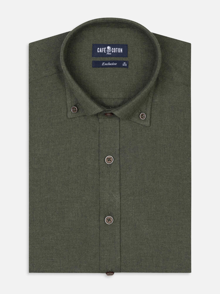 Chemise cintrée Hall en flanelle kaki - Col Boutonné