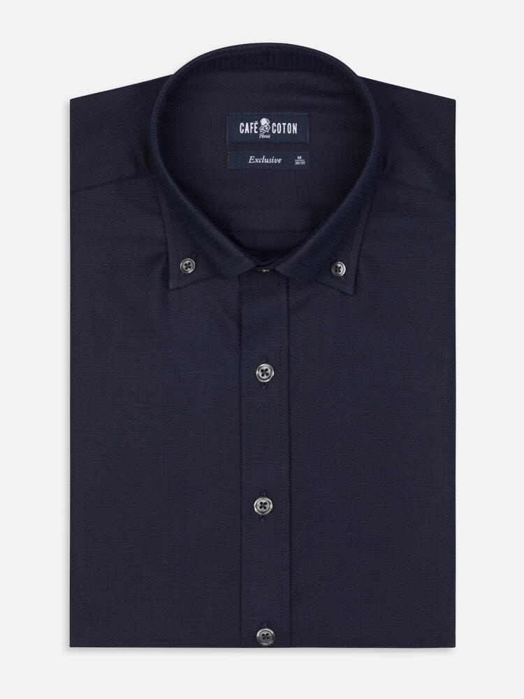 Horace marine structuur Slim fit overhemd - Button-down kraag