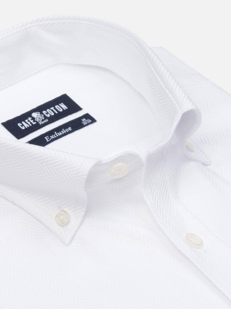 White Herringbone slim fit shirt  - Button down collar