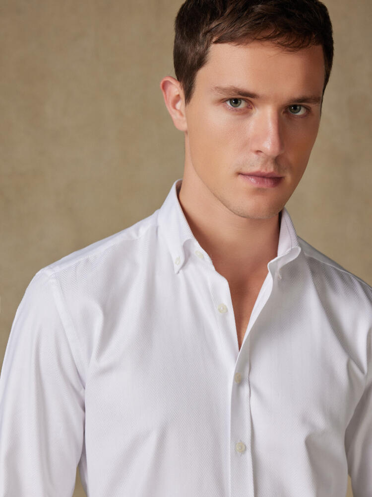 White Herringbone slim fit shirt  - Button down collar