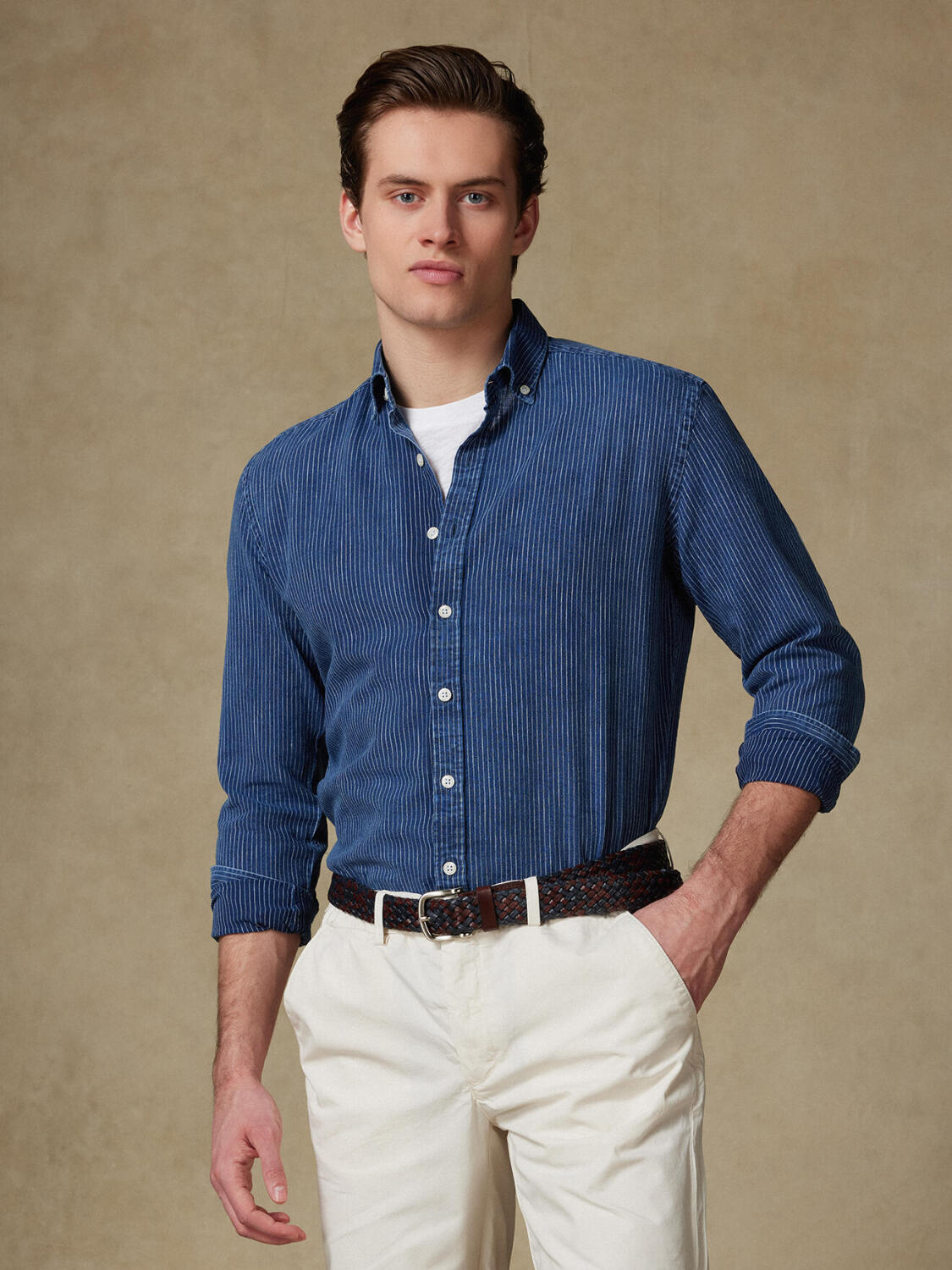 Overhemd slim Island met strepen indigo - Button-down kraag
