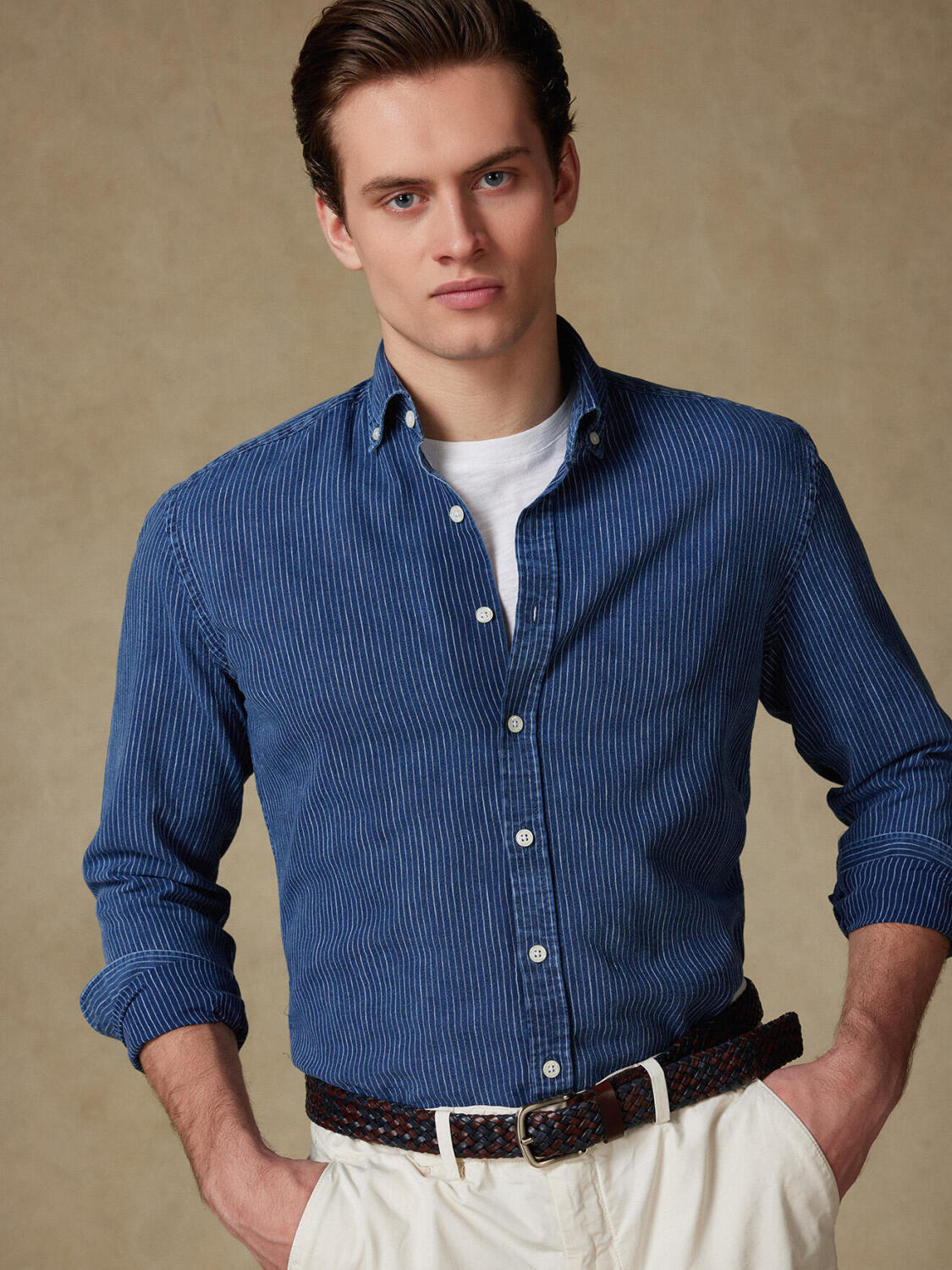 Overhemd slim Island met strepen indigo - Button-down kraag