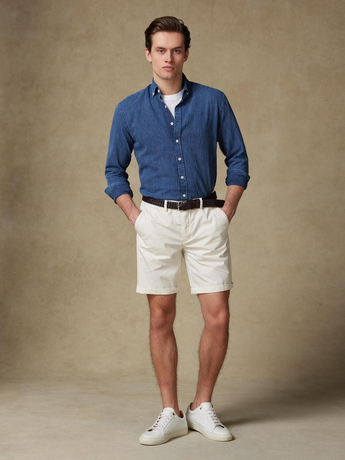 Overhemd slim Island met strepen indigo - Button-down kraag