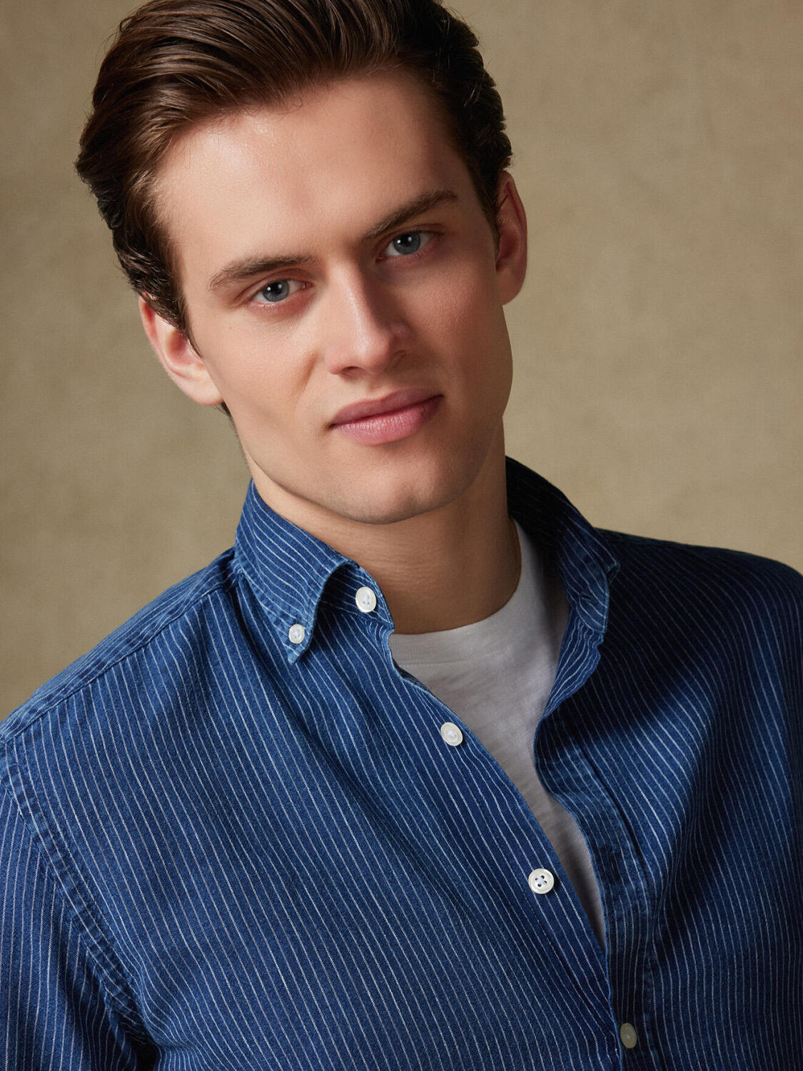 Overhemd slim Island met strepen indigo - Button-down kraag