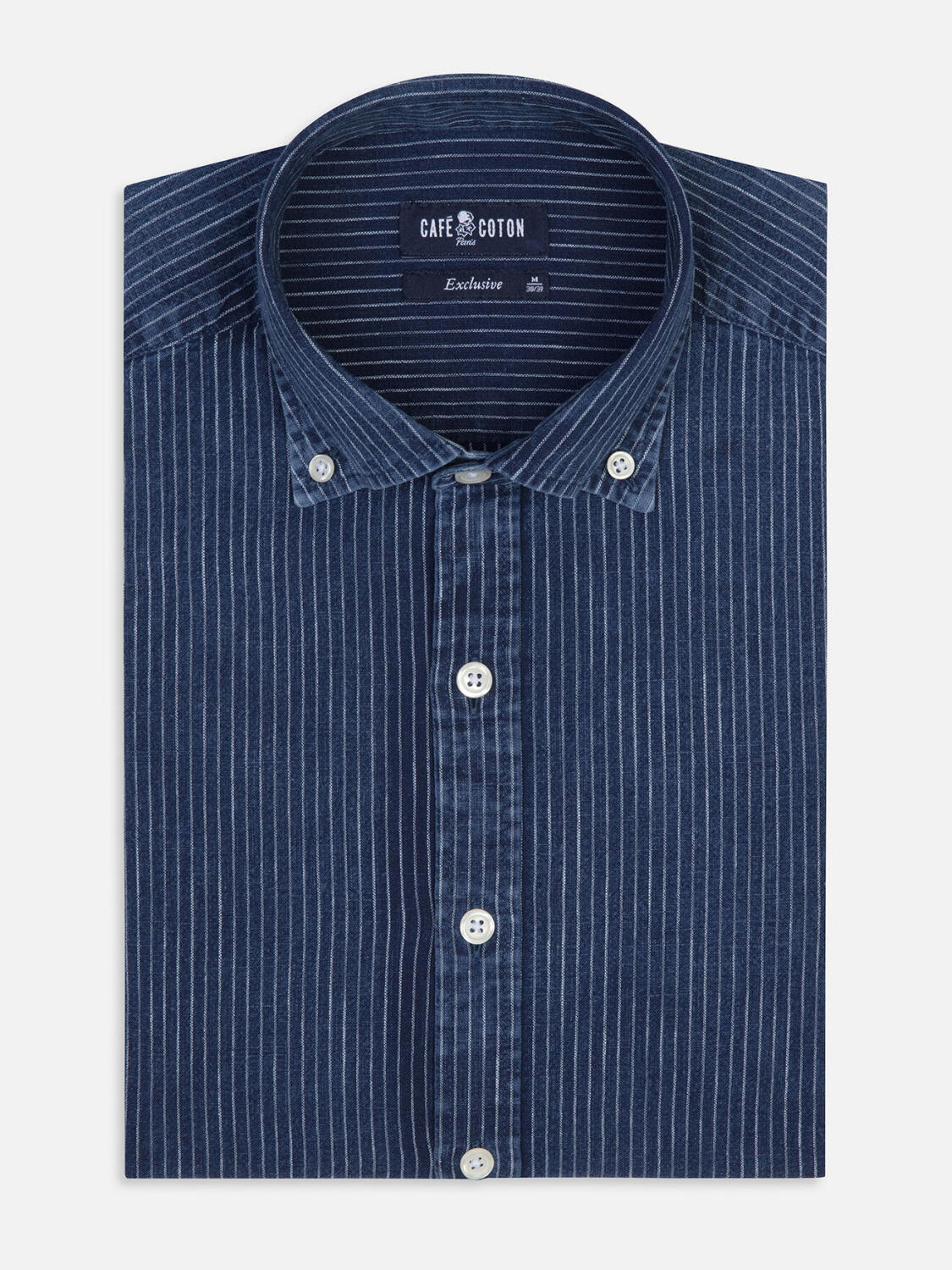 Overhemd slim Island met strepen indigo - Button-down kraag