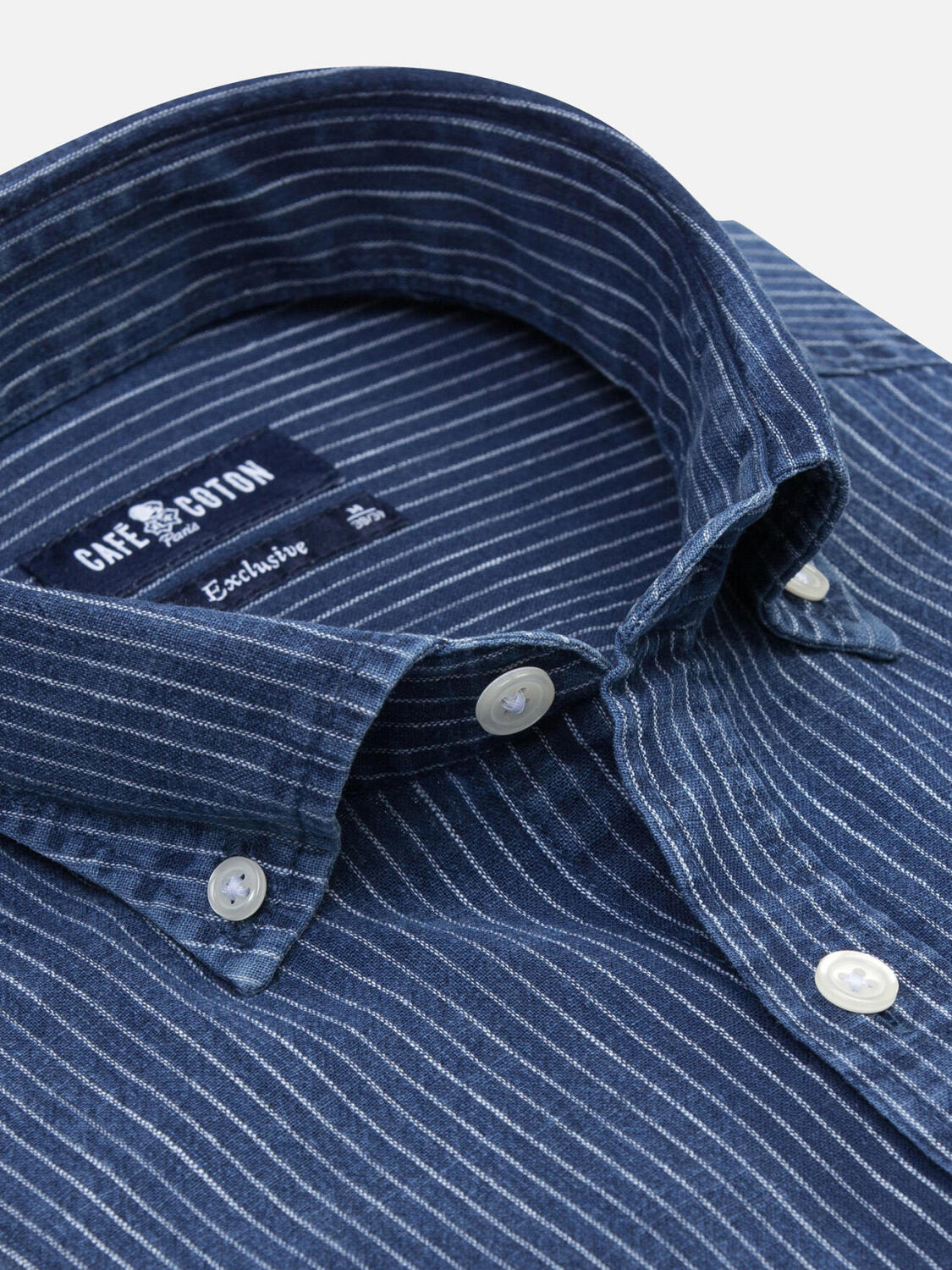 Overhemd slim Island met strepen indigo - Button-down kraag