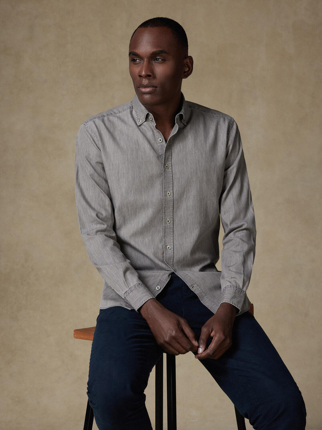 Joey grijs denim slim fit overhemd - Button down Kraag