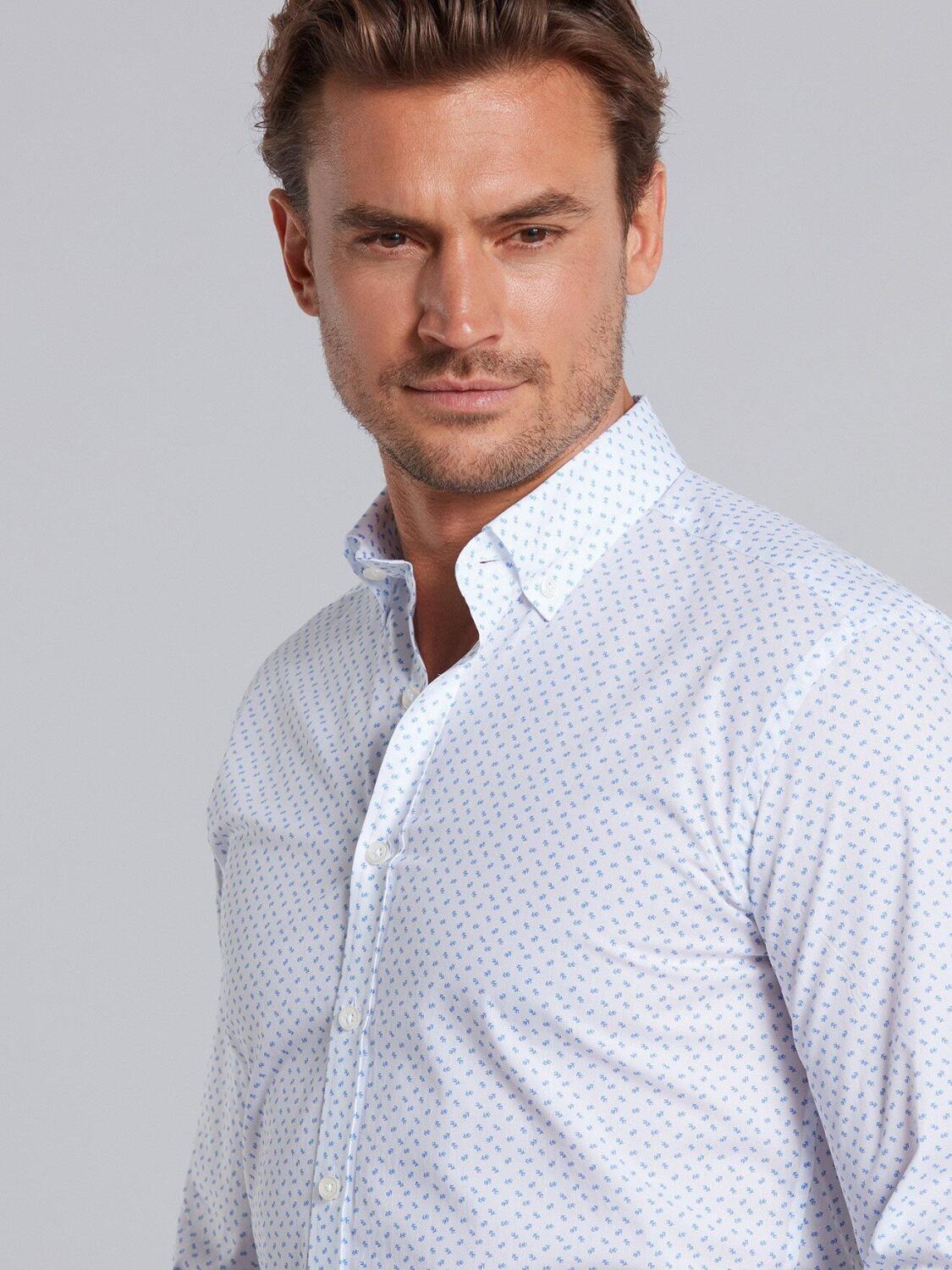 Blue floral printed white popelin slim fit shirt  - Button down collar