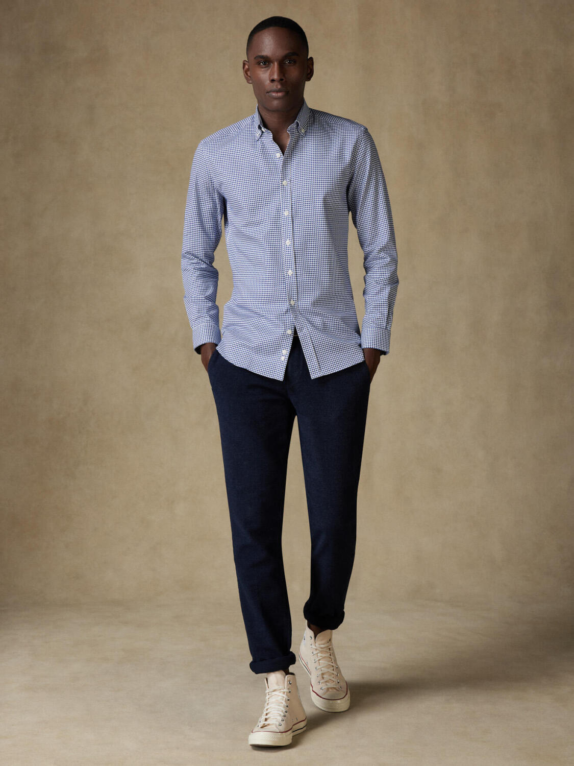 Chemise cintrée Leelan texturée marine  - Col Boutonné