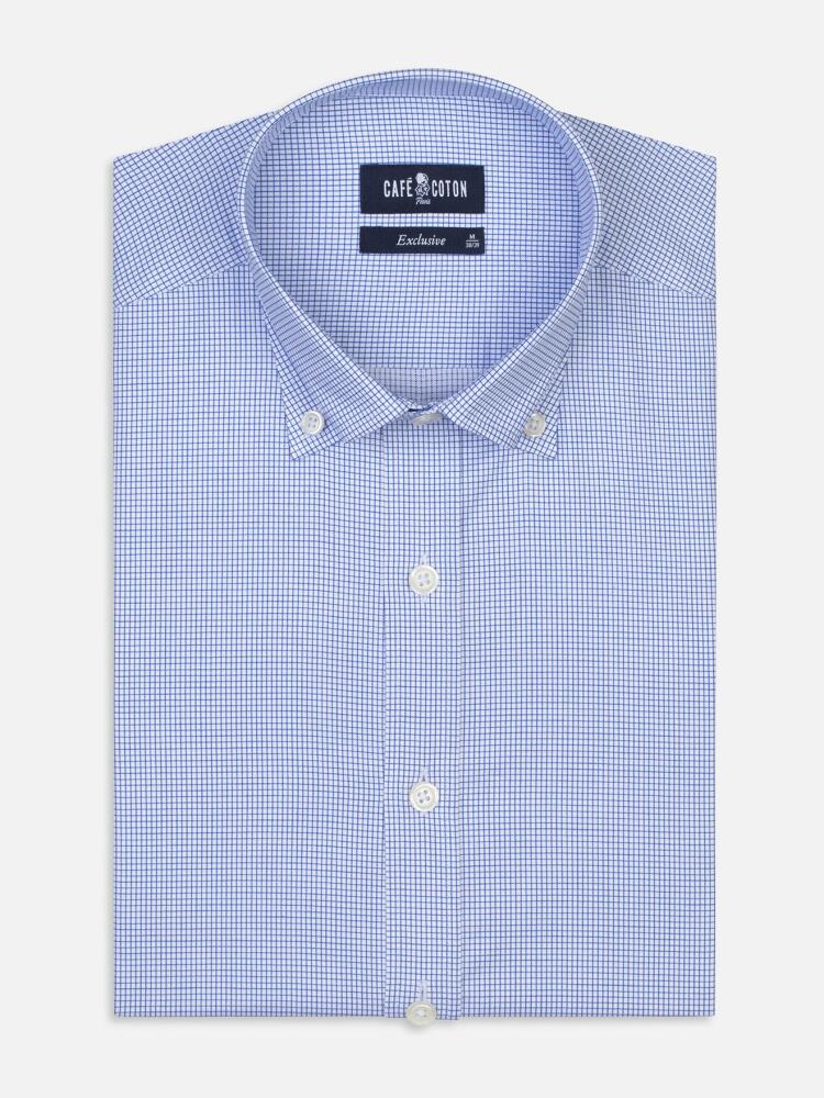 Tailliertes Hemd Lenny mit blauen Karos - Button-Down-Kragen