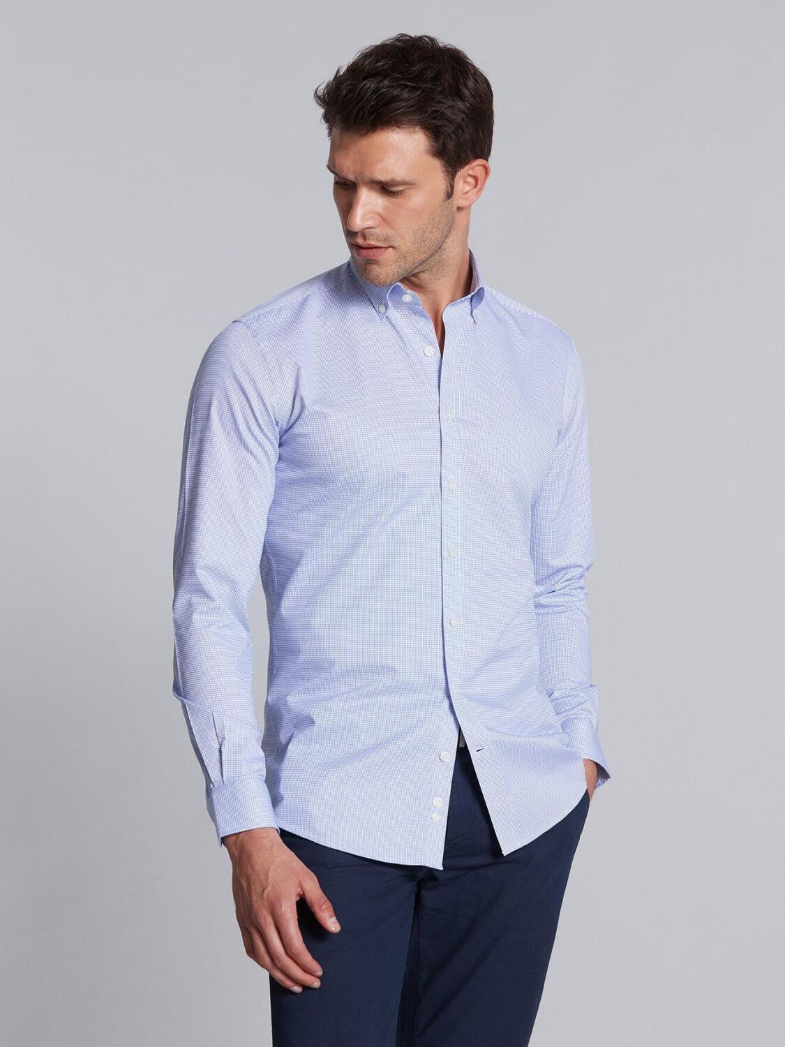 Lenny blue checked slim fit shirt - Button-down collar