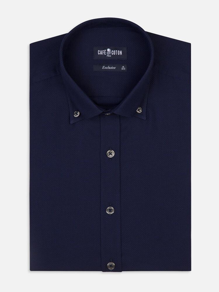 Chemise cintrée Leo texturée marine - Col Boutonné
