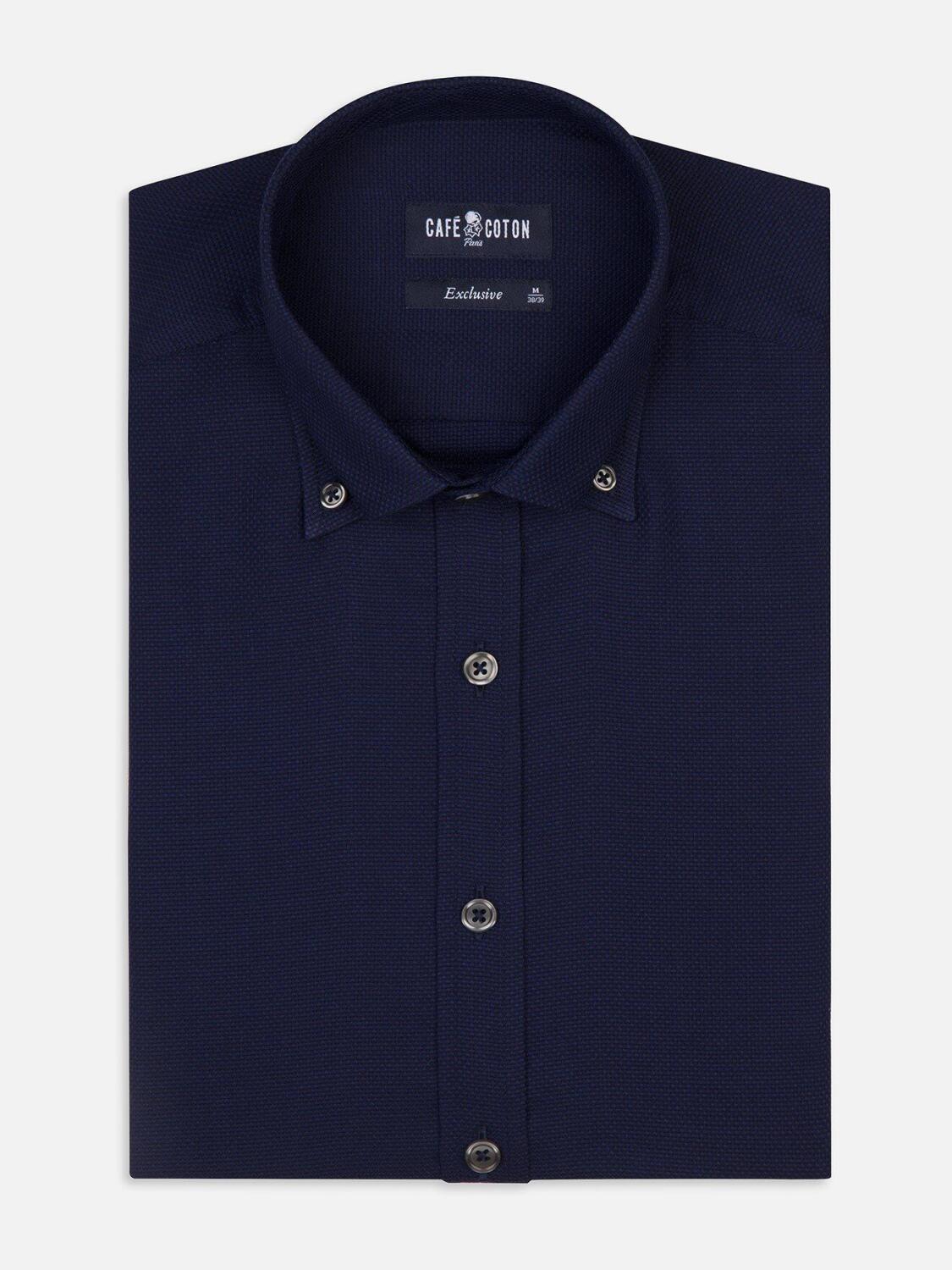 Leo Hemd mit Navy-Struktur - Knopfleiste
