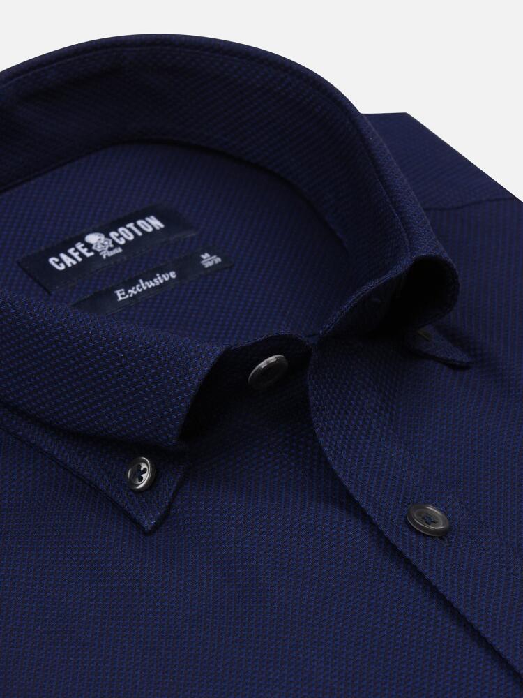 Chemise cintrée Leo texturée marine - Col Boutonné