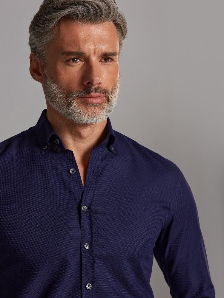 Chemise cintrée Leo texturée marine - Col Boutonné