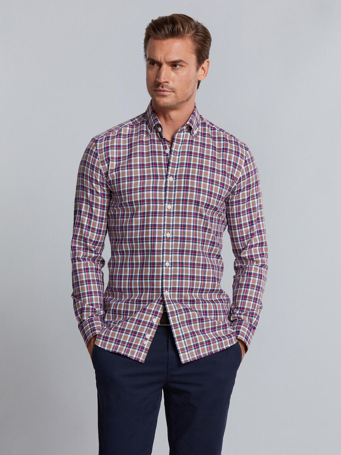 Tailliertes Hemd Leon mit blauen Karos - Button-Down-Kragen