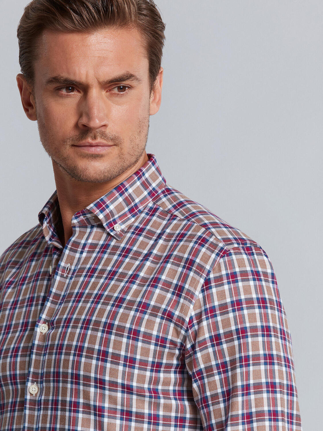 Tailliertes Hemd Leon mit blauen Karos - Button-Down-Kragen