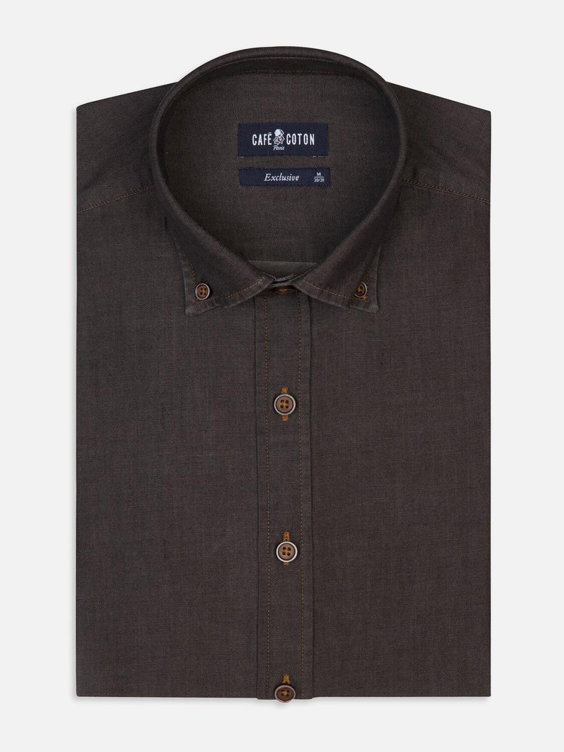 Lou grey denim slim fit shirt - Button-down collar
