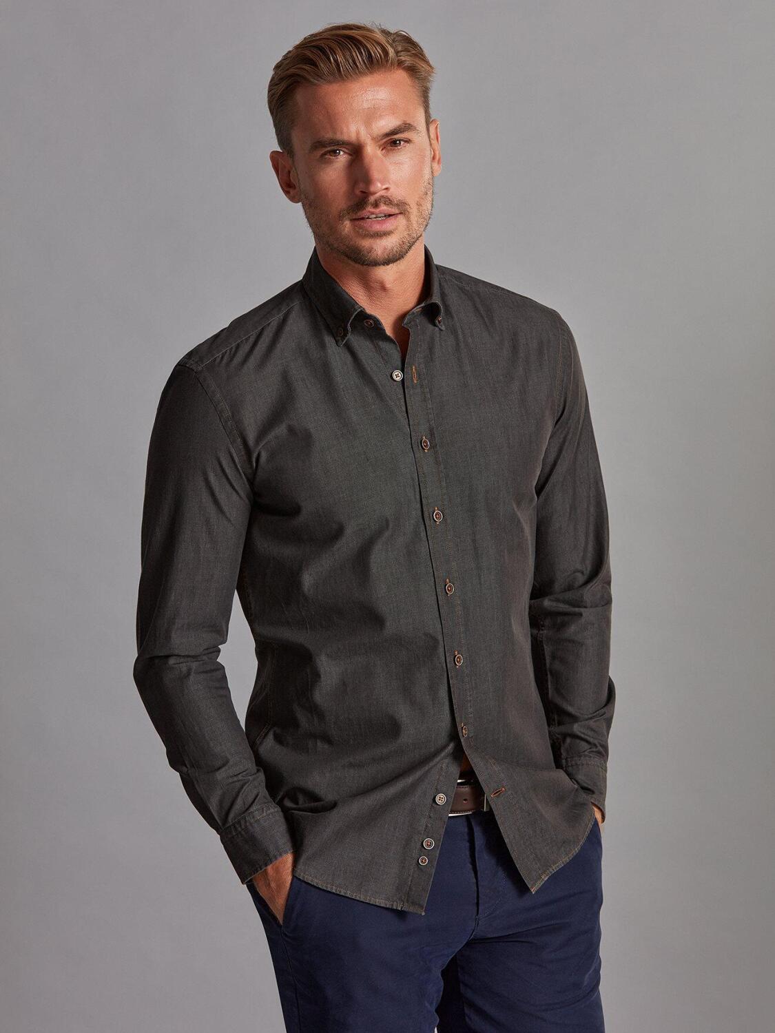 Lou grey denim slim fit shirt - Button-down collar