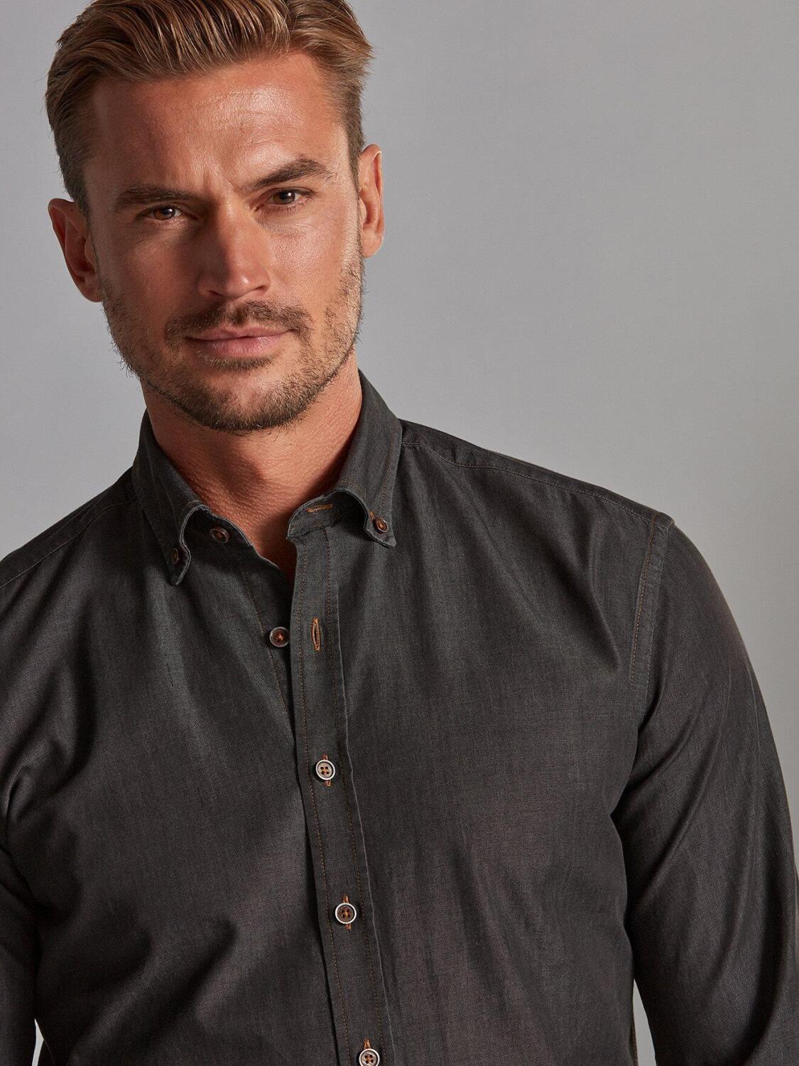 Lou grey denim slim fit shirt - Button-down collar