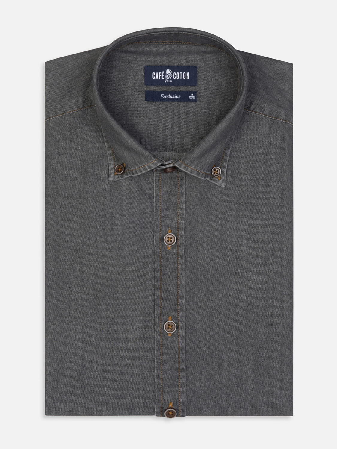 Tailliertes Tailliertes Hemd Lou aus grauem Denim  - Buttondown Kragen