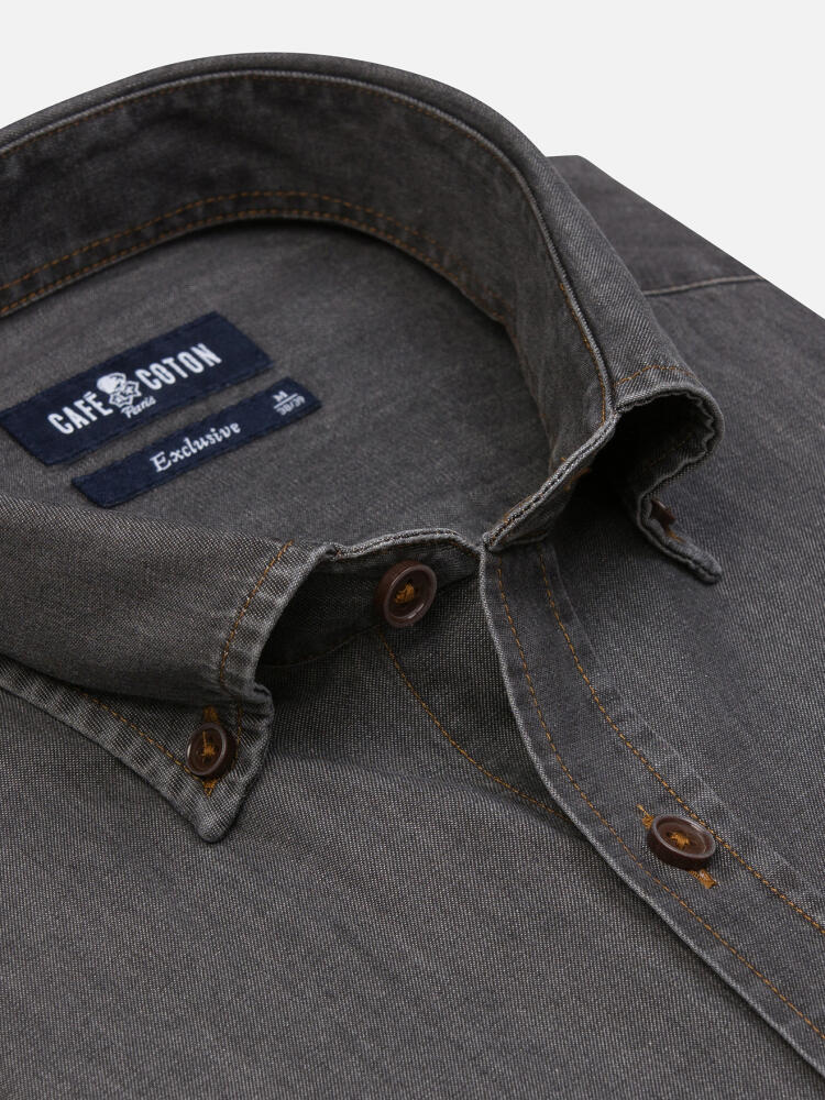 Chemise cintrée Lou en denim gris  - Col Boutonné