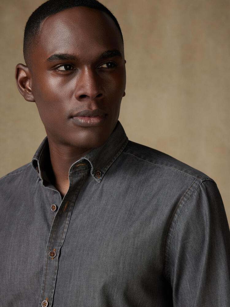 Chemise cintrée Lou en denim gris  - Col Boutonné