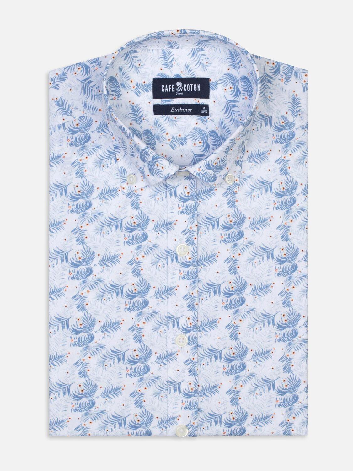 White tropical floral blue sky printed poplin slim fit shirt - Button down collar