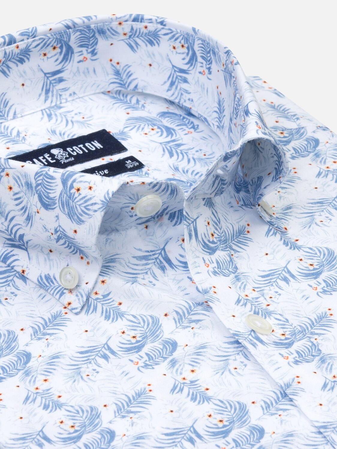 White tropical floral blue sky printed poplin slim fit shirt - Button down collar