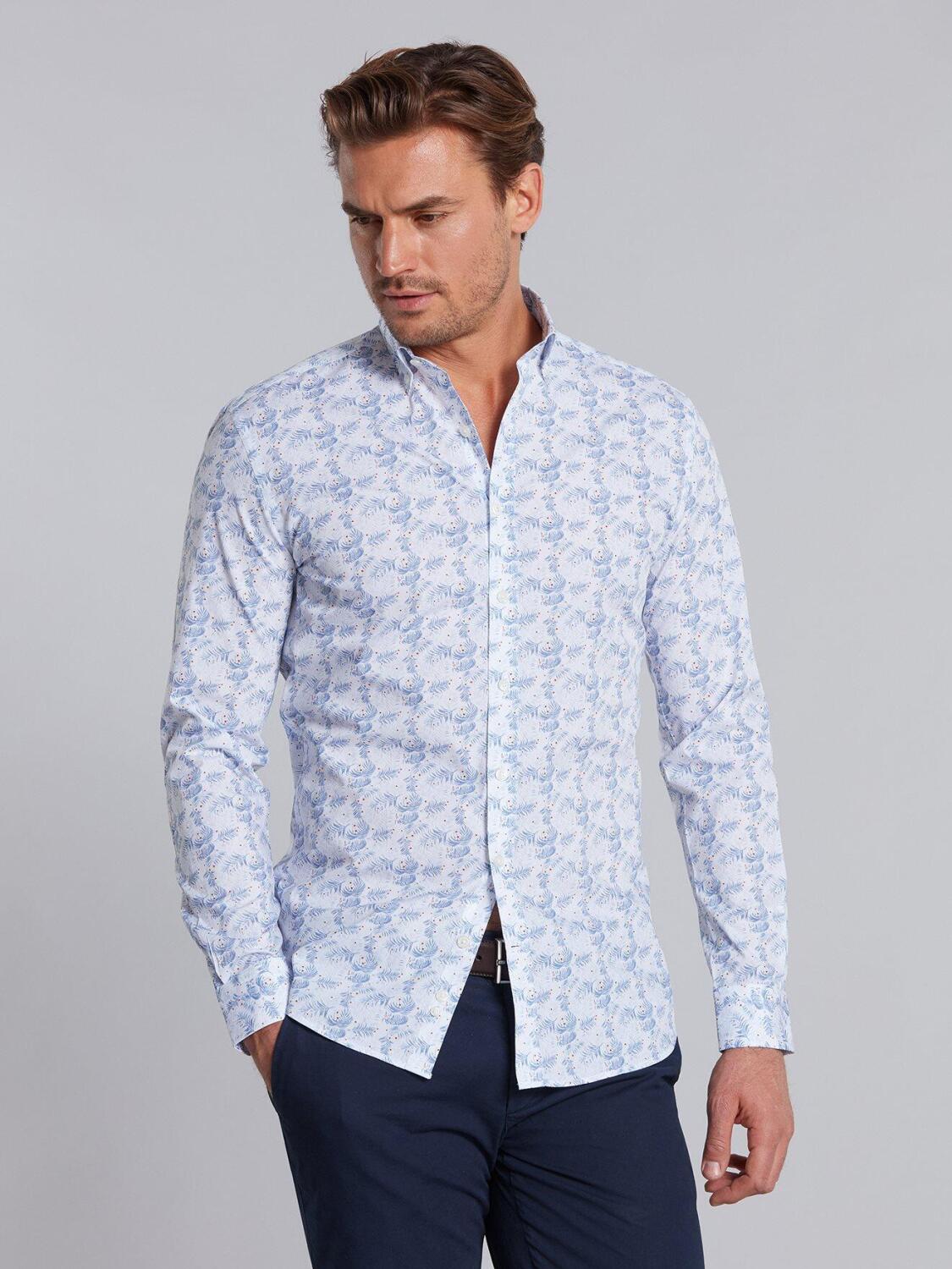 White tropical floral blue sky printed poplin slim fit shirt - Button down collar