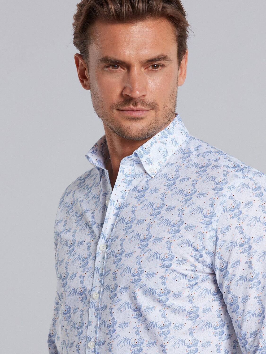 White tropical floral blue sky printed poplin slim fit shirt - Button down collar