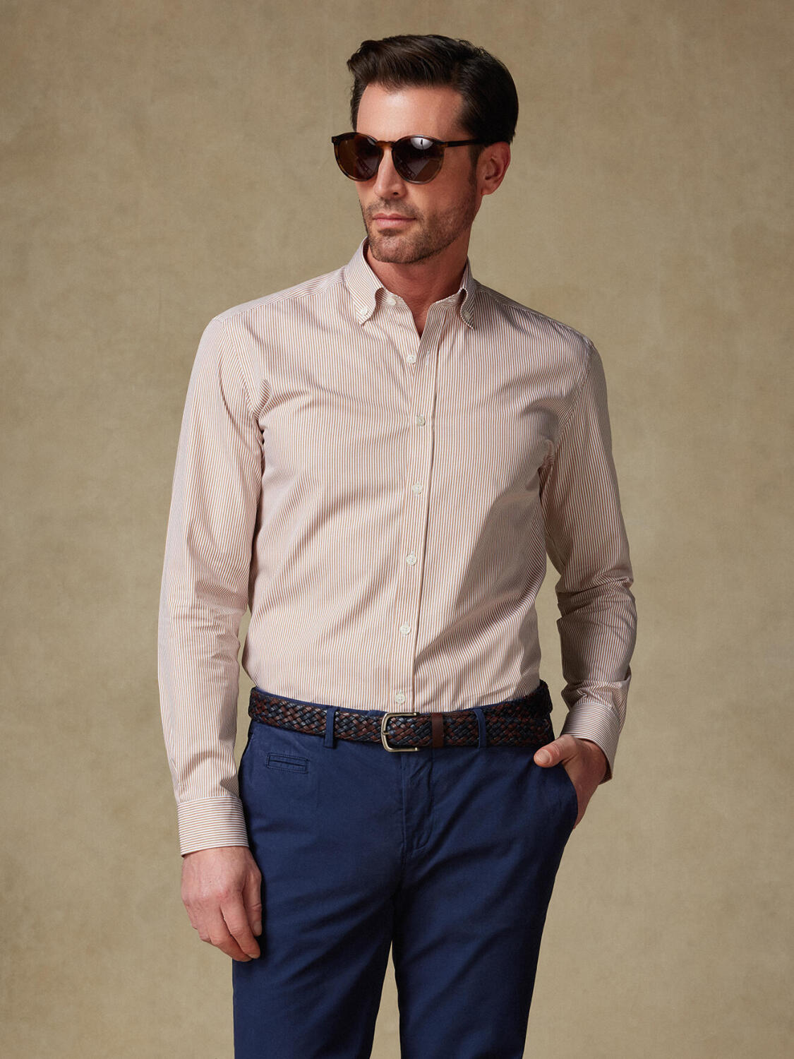 Overhemd slim Menthon met strepen havana - Buttown down