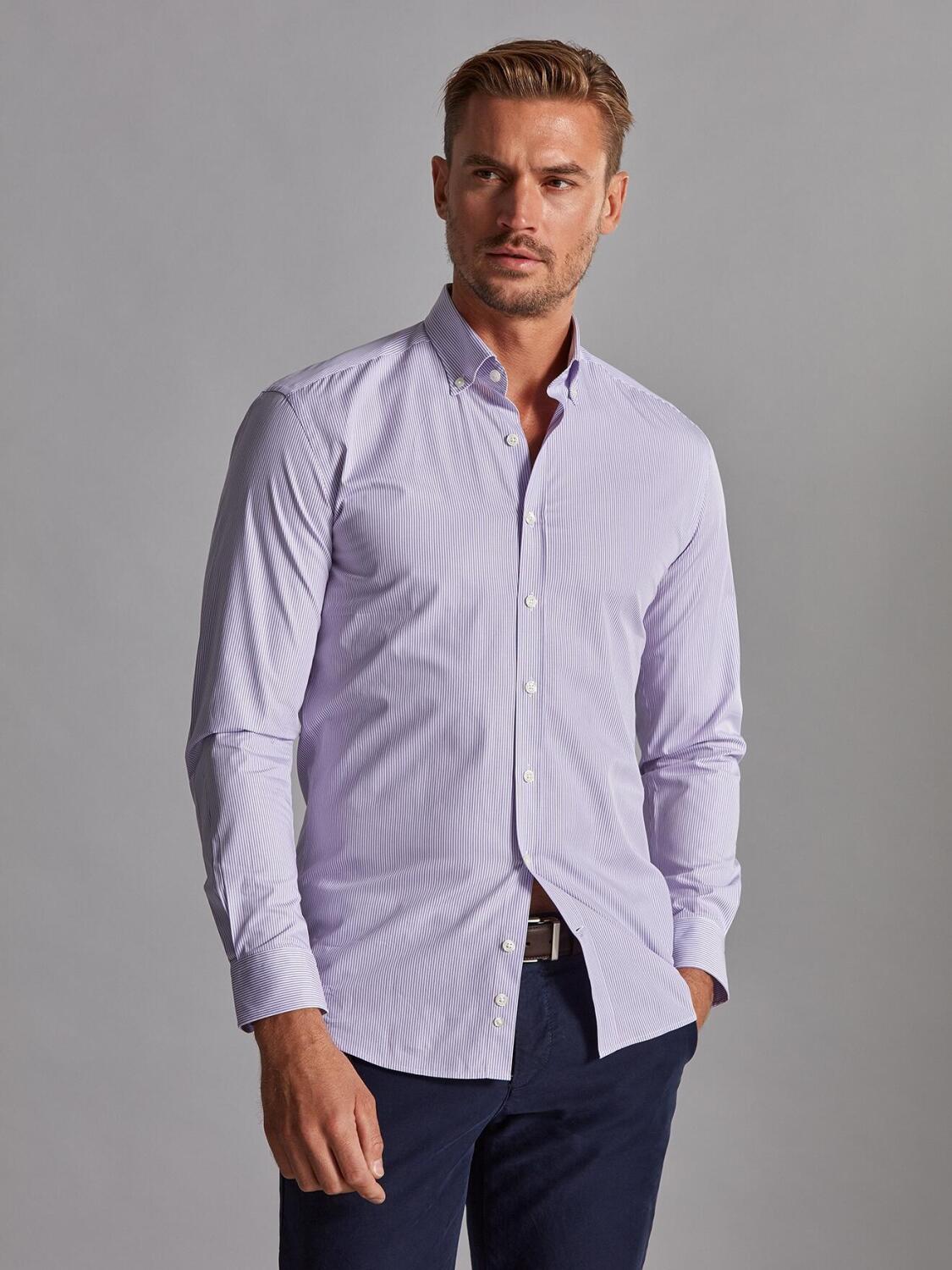 Chemise cintrée Menthon à rayures parme - Col Boutonné