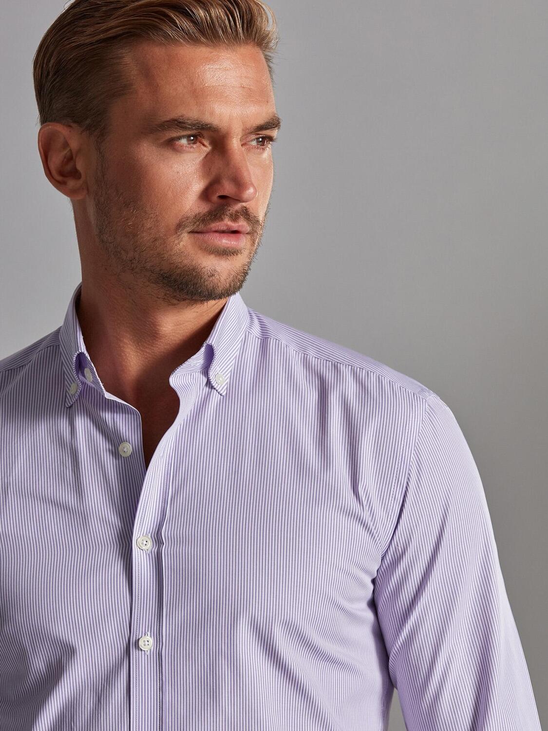Chemise cintrée Menthon à rayures parme - Col Boutonné