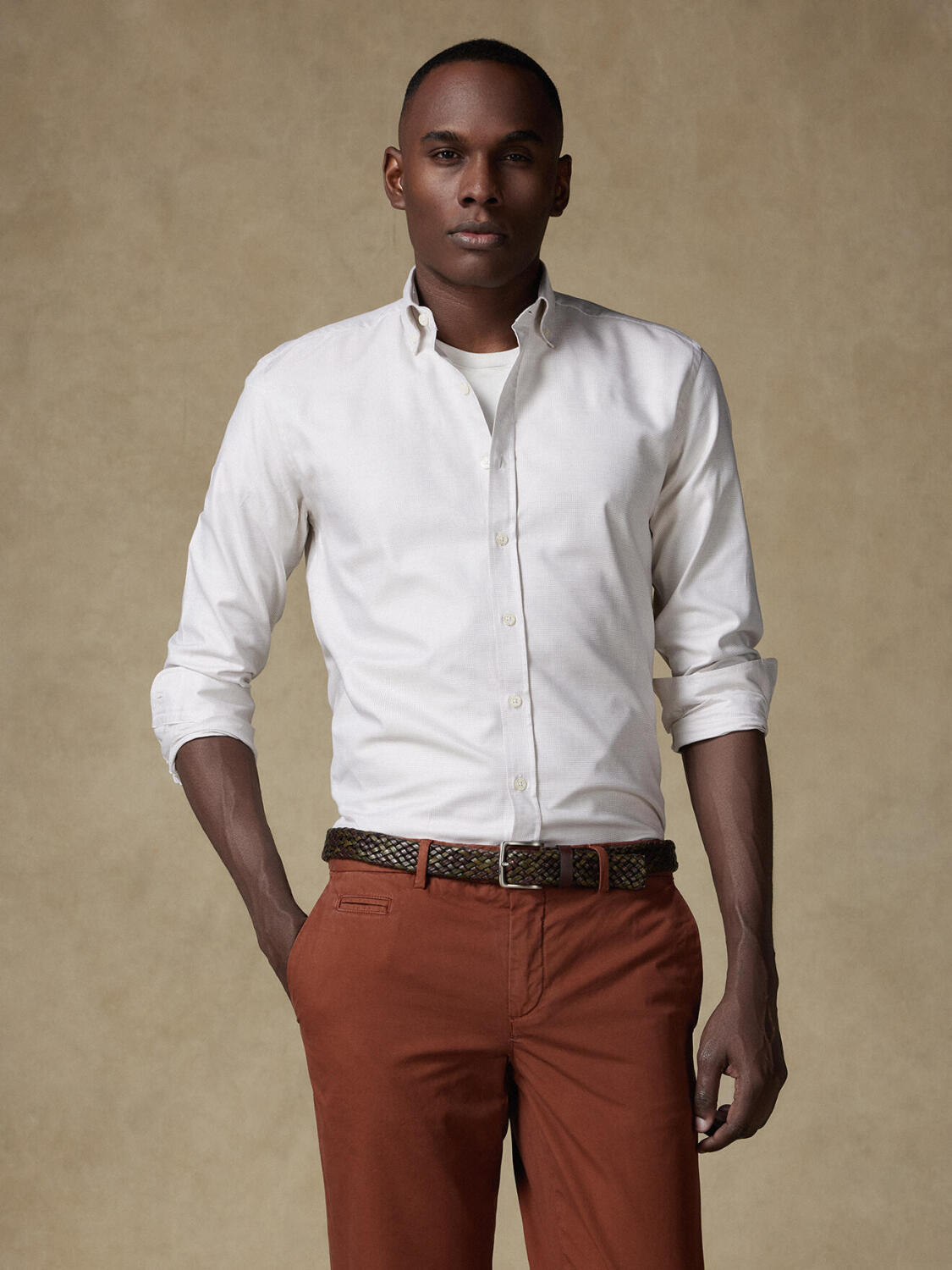 Basketweave slim fit shirt sand   - Button down collar