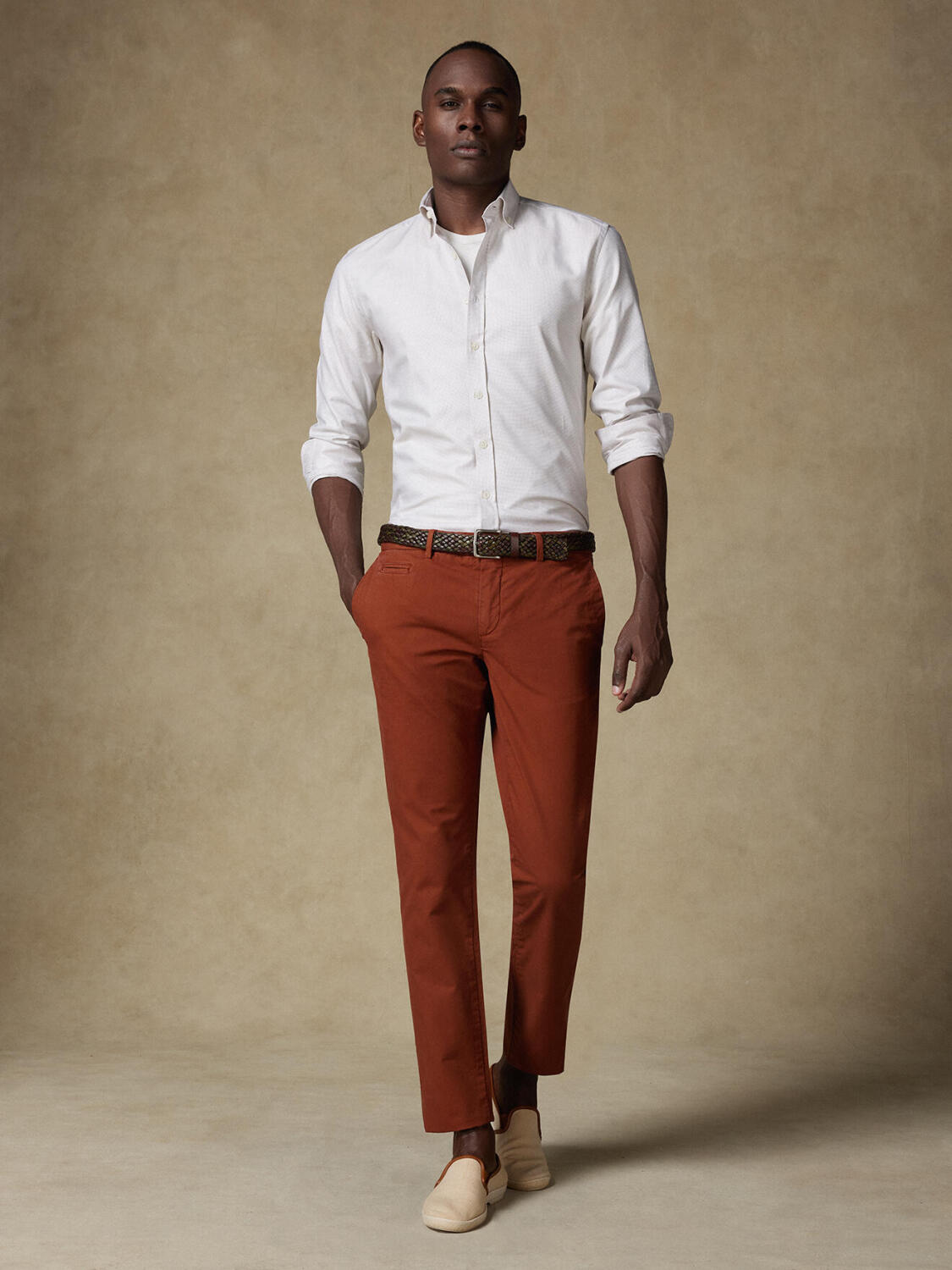 Basketweave slim fit shirt sand   - Button down collar