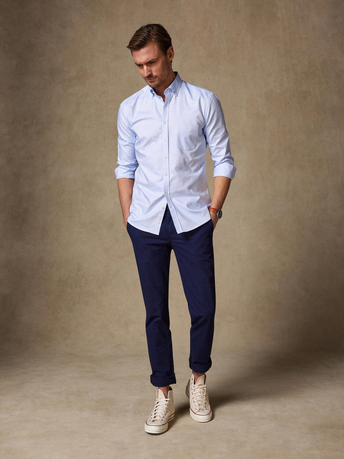 Chemise cintrée en natté ciel - Col Boutonné