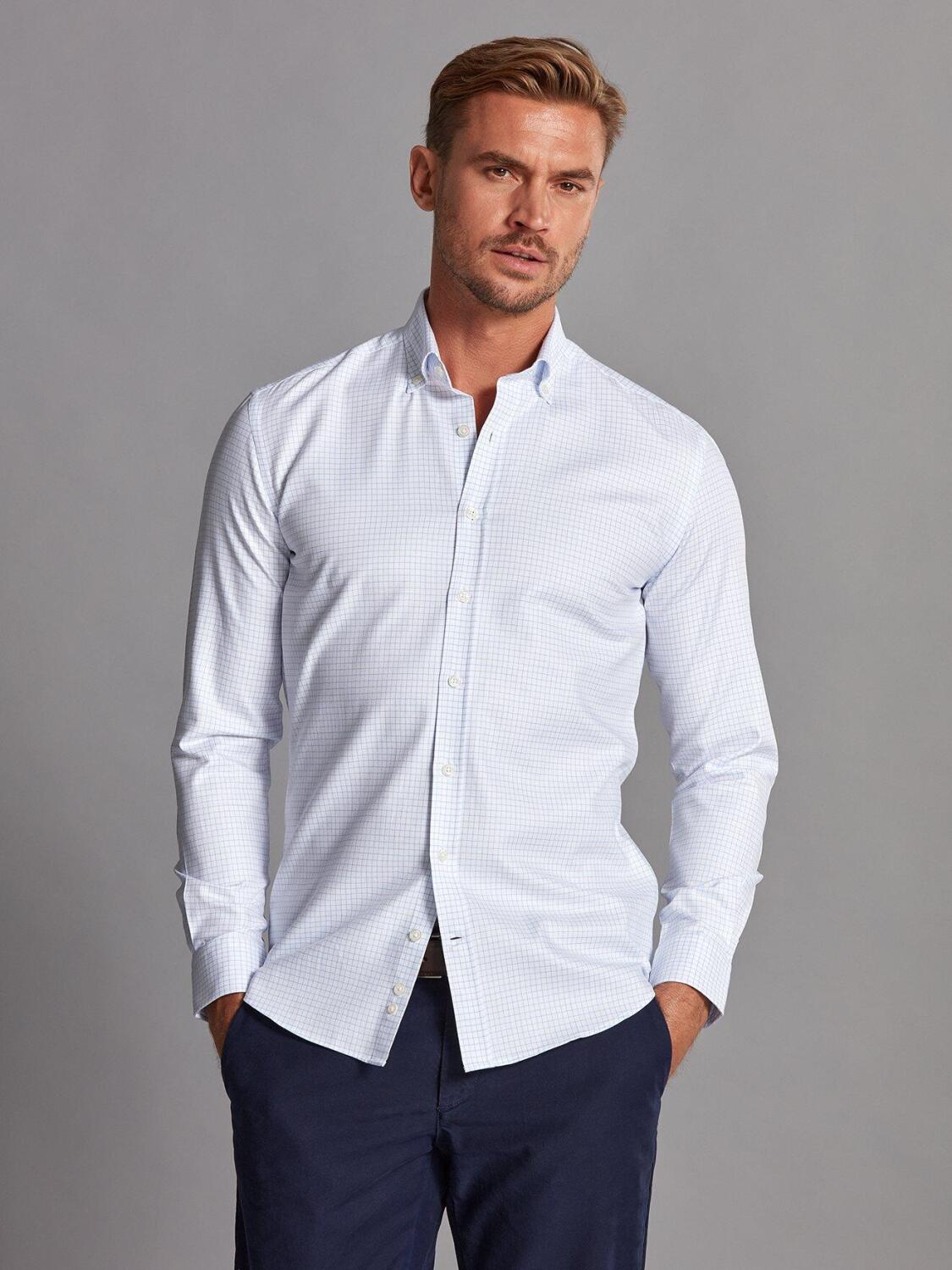 Chemise cintrée Oleg à carreaux chevron ciel - Col Boutonné