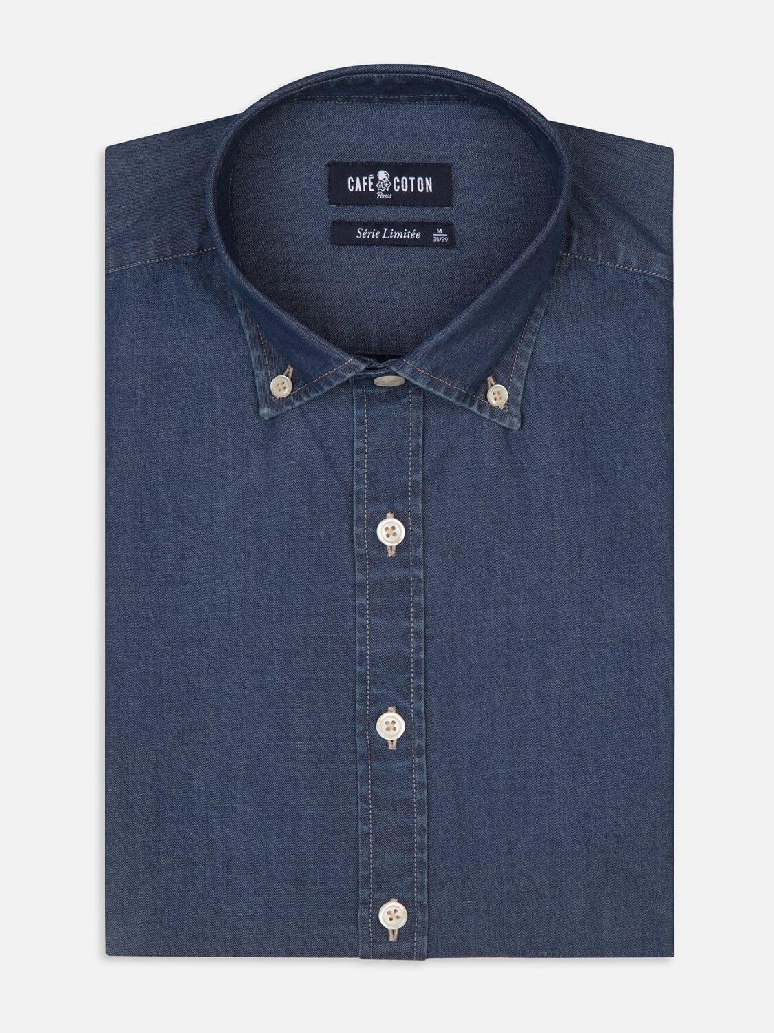 Chemise cintr&eacute;e Pat en denim - Col Boutonn&eacute;
