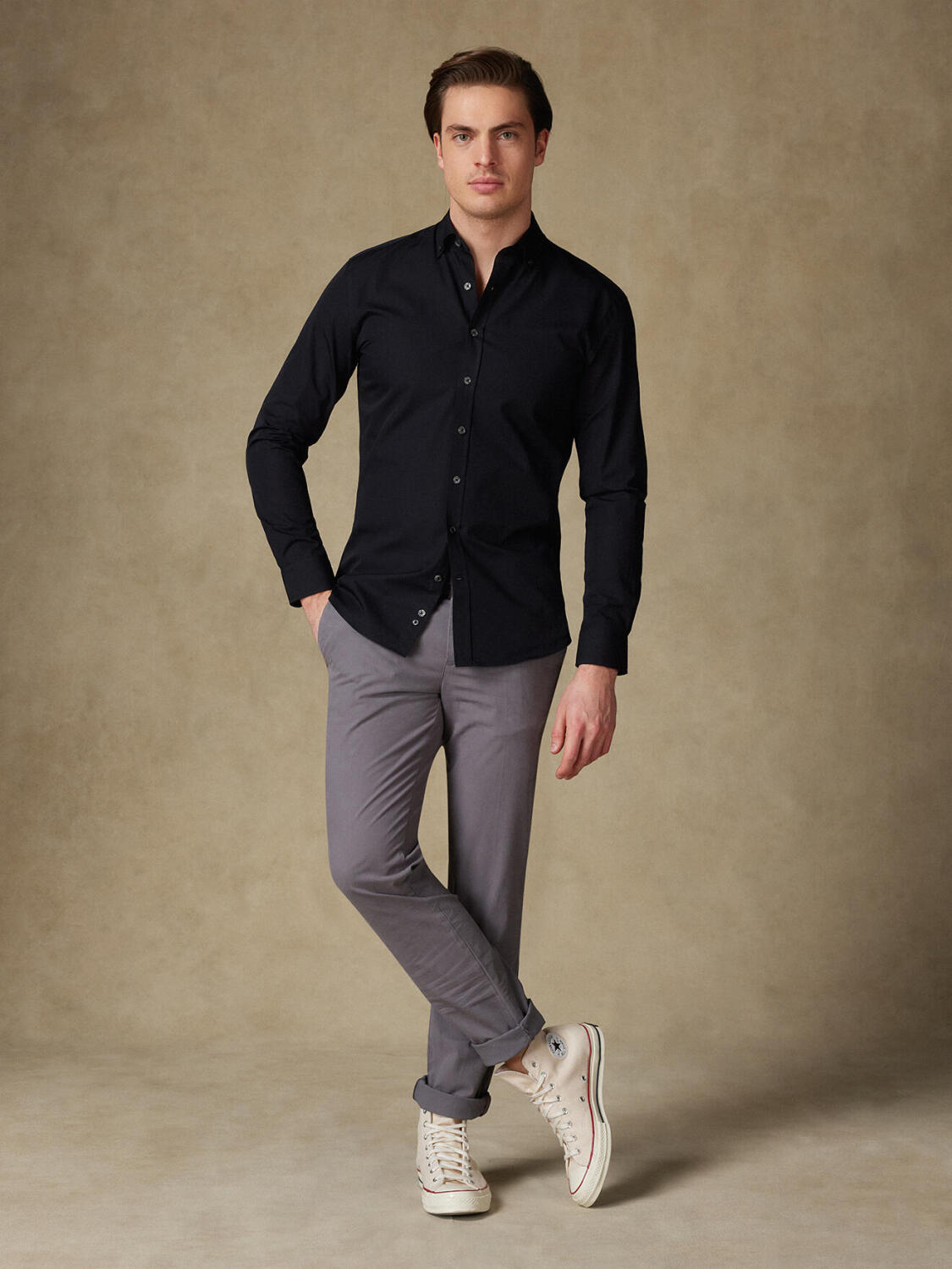 Zwart popeline overhemd - Button-down kraag