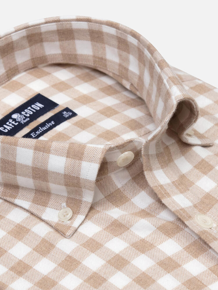 Rob Beige Checkered Flannel slim fit shirt - Buttoned down collar