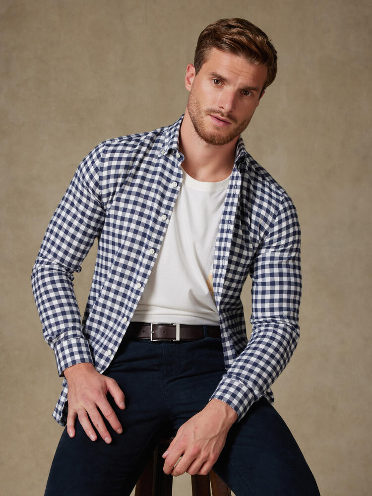 Chemise cintrée Rob en flanelle à carreaux marine - Col Boutonné