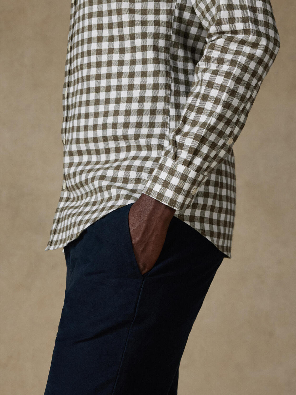 Rob Geruit Flanellen slim fit overhemd Khaki - Button down Kraag